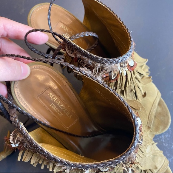 EUC Aquazzura Olive Green Suede Tassel Ankle Tie Sandals Size 39 - Picture 5 of 10